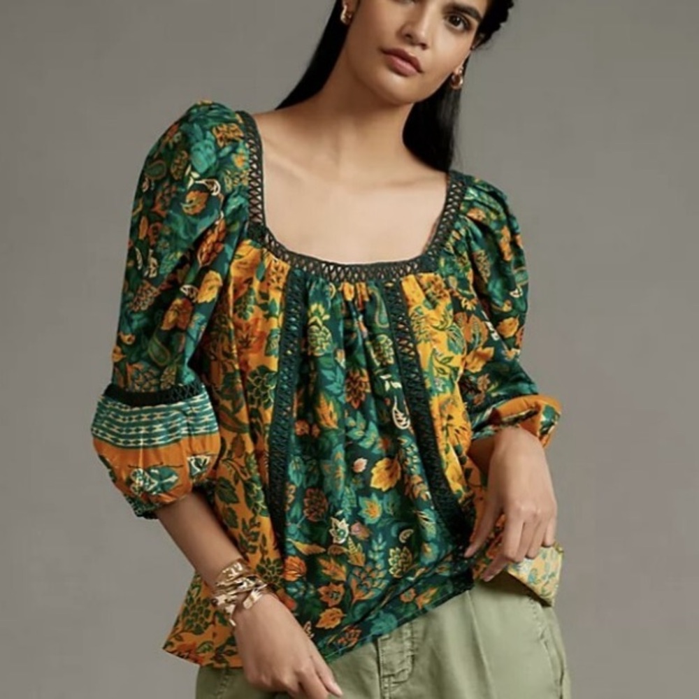 Farm Rio x Anthropologie Lace Inset Peasant Blouse Medium Puff Sleeve Cotton Top